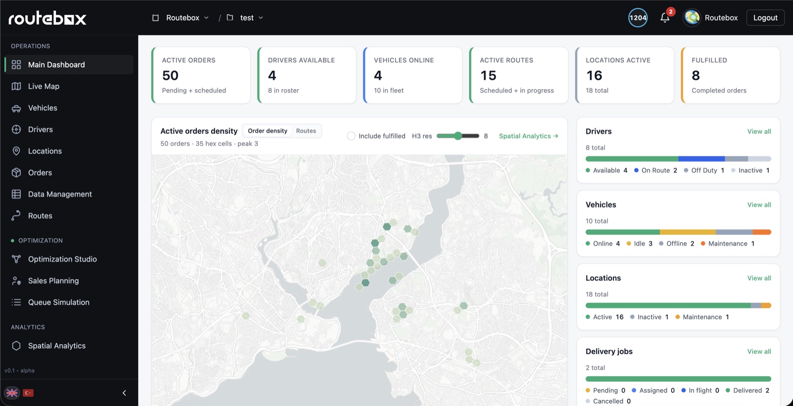 Routebox operations dashboard with live order density heatmap
